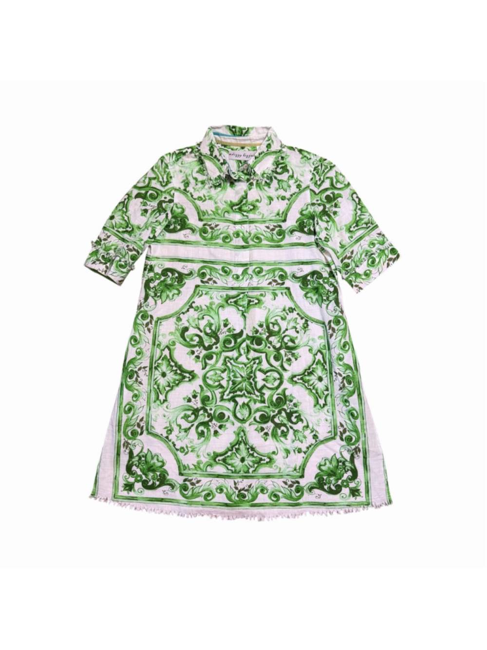 Dizzy Lizzie Chatham Dress Green Tile Print Fringe Pockets Lightweight Beach XS